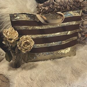 Muche et Muchette Brown & Gold Metallic Sequins Leather Straps Large Tote Bag
